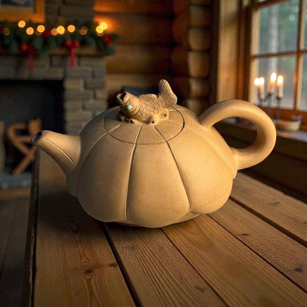 Signed Yixing China Zisha Clay Pumpkin Teapot Yellow Beige Lid Figural Fish Knob